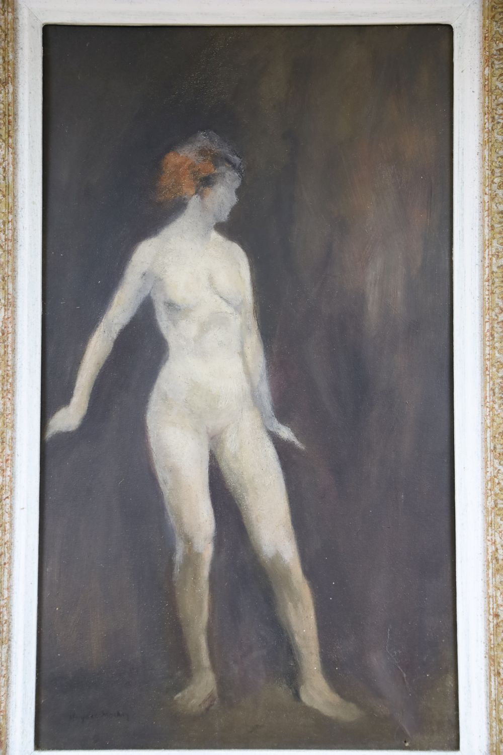 Haydn Reynolds Mackey (1881-?), oil on board, Standing female nude, signed, 49 x 28cm